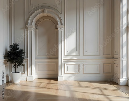 A large, ornate marble archway leads into a bright, open room with white paneled walls and hardwood floors. The room has a minimalist, elegant aesthetic