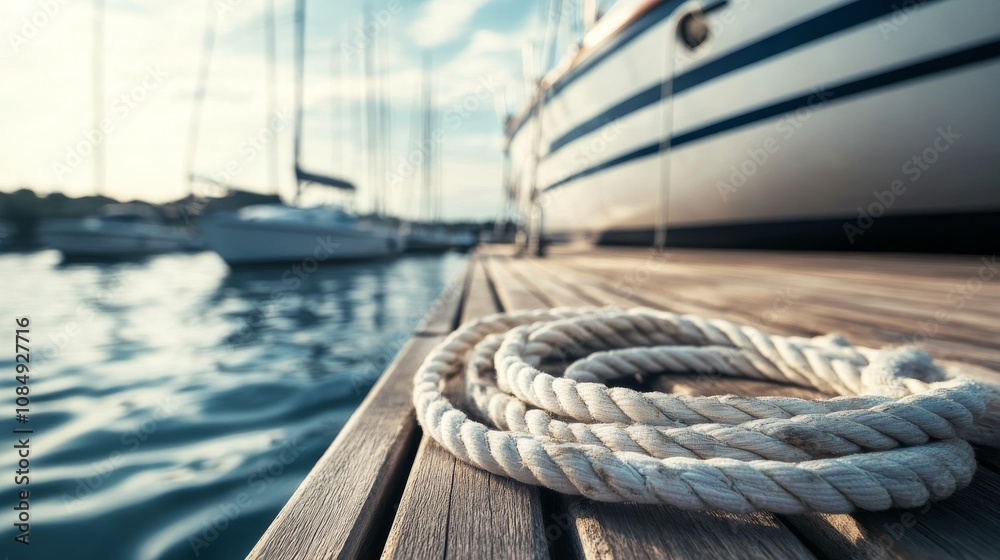 Obraz premium A calm sailing club dock with neatly coiled ropes and well-maintained sailboats, A tranquil marina with calm waters and a clear sky, Minimalist nautical style
