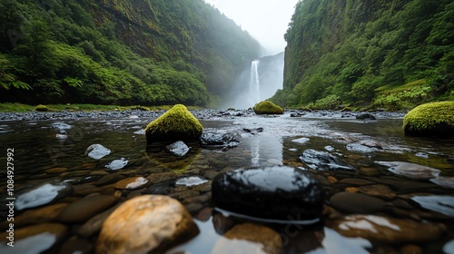 An RV park near a rushing waterfall, surrounded by mosscovered rocks and mist in the air photo