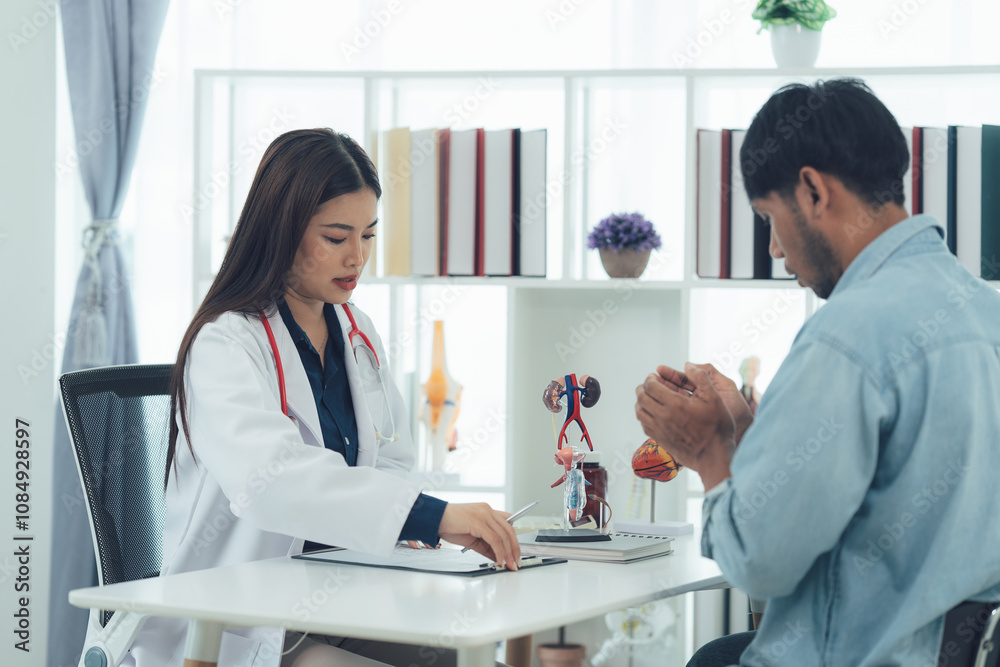 Fototapeta premium Doctor and Patient Consultation: A female doctor in a white coat attentively reviews medical charts with a male patient during a consultation.