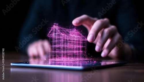 A person interacts with a holographic house design on a tablet screen at night