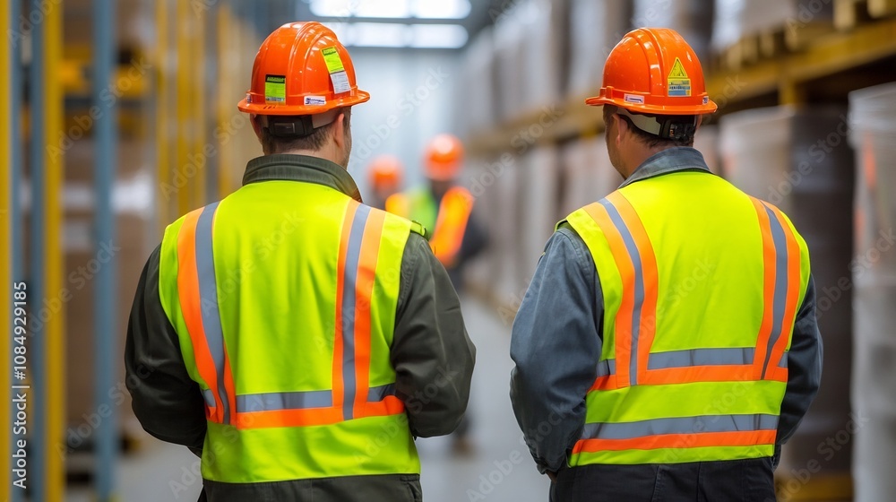 Workers in Safety Gear Performing Maintenance in a Warehouse Workers in Safety Gear Performing Maintenance in a Warehouse