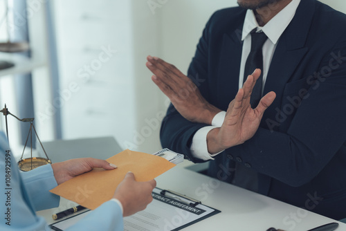 Refusal in the boardroom: A businessman in a dark suit, sitting at a desk, firmly refuses an envelope being offered to him. The image portrays a moment of tension and disagreement.   photo