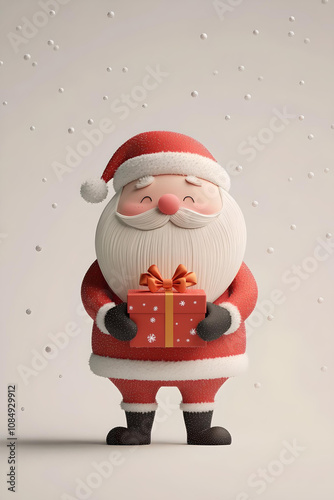 Adorable cartoon-style Santa Claus smiling warmly while holding a red gift box with a golden ribbon, perfect for festive themes.
