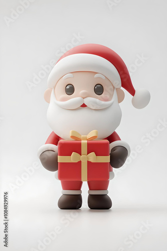 Adorable cartoon-style Santa Claus smiling warmly while holding a red gift box with a golden ribbon, perfect for festive themes.
