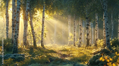 Morning in the birch grove with sun rays and fog