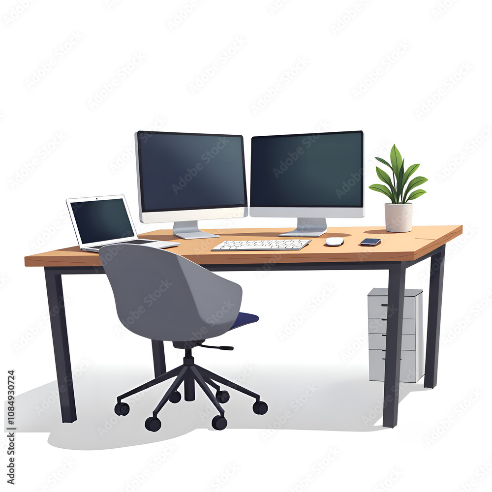 Stylish and functional home office with dual monitors, laptop, and minimalist design elements, digital illustration of interior design concept. Stylish and functional home office with dual monitors, laptop, and minimalist design elements, digital illustration of interior design concept.