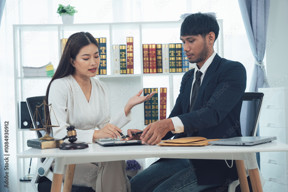 Legal Consultation: A lawyer and client discuss legal matters in a professional office setting. The scene is both serious and hopeful, emphasizing the importance of legal advice and representation. Legal Consultation: A lawyer and client discuss legal matters in a professional office setting. The scene is both serious and hopeful, emphasizing the importance of legal advice and representation.