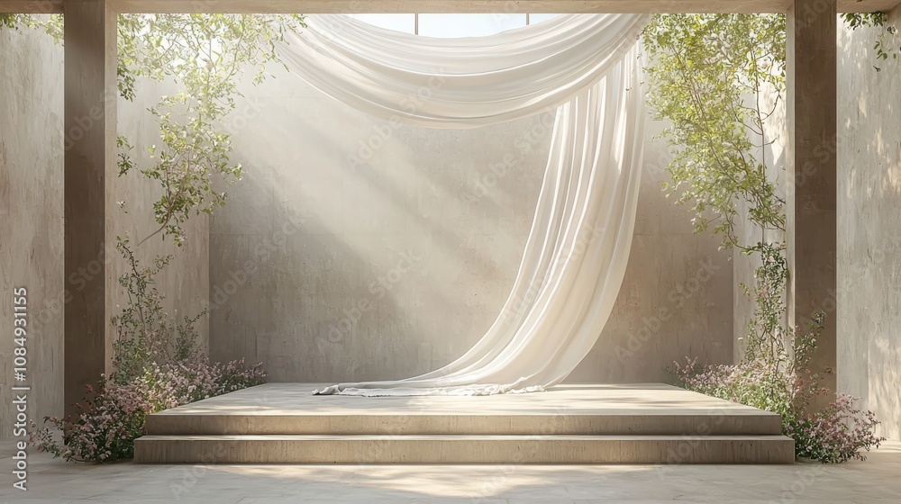 Nature-inspired mockup featuring a wooden stand and cascading drapes in a serene environment for creative display Nature-inspired mockup featuring a wooden stand and cascading drapes in a serene environment for creative display
