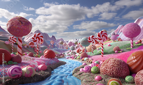 A whimsical candy-themed landscape with towering lollipops, shimmering gumdrops, and striped candy canes