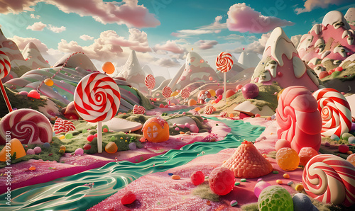 Giant candies create a magical world of oversized lollipops, colorful gumdrops, and swirly candy canes