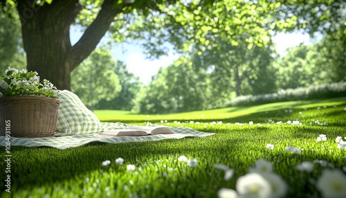 A tranquil picnic setting under a large tree in a lush, green park on a sunny day