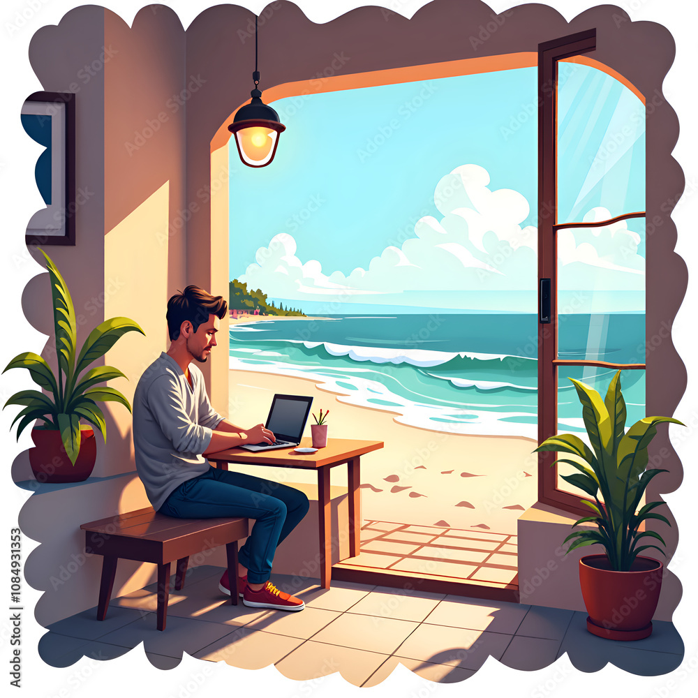 A tranquil workspace by the shore embracing creativity with ocean views and natural light, digital art of interior design concept. A tranquil workspace by the shore embracing creativity with ocean views and natural light, digital art of interior design concept.