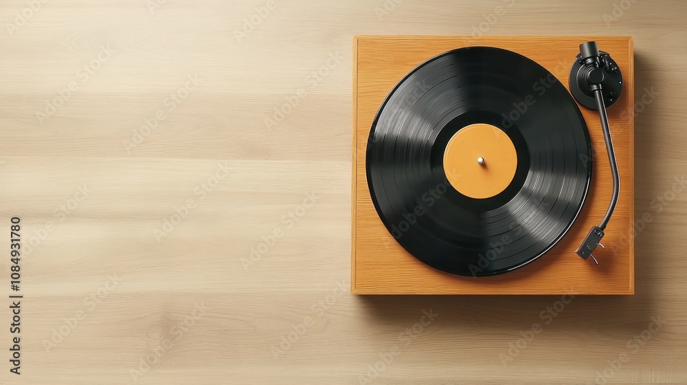 Obraz premium A classic turntable with a vinyl record sits on a wooden surface, evoking a nostalgic ambiance of music and retro style.