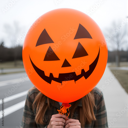 woman holding large balloon with jack-o-lantern face drawing in front of her own face