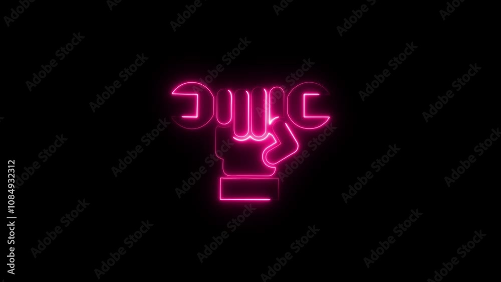 Glowing neon line hand with wrench tools icon animation.Glowing neon line Adjustable wrench icon.hand icon. Service tool symbol. Glowing neon line hand with wrench tools icon animation.Glowing neon line Adjustable wrench icon.hand icon. Service tool symbol.