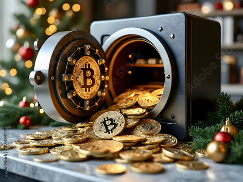 A secure bitcoin vault overflowing with golden coins at a festive holiday setting with a decorated Christmas tree in the background photo