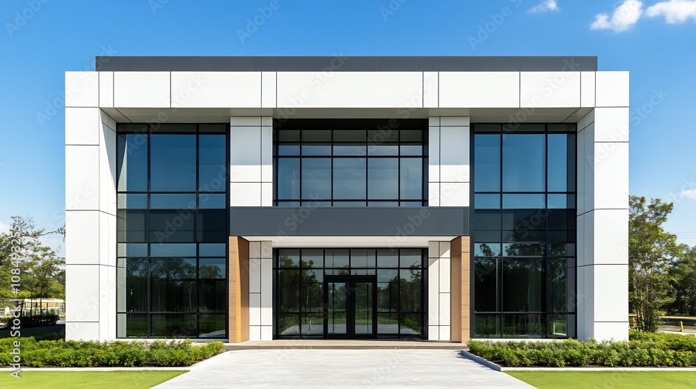 Modern Industrial Park Administrative Office Building with Clean Glass Facade Modern Industrial Park Administrative Office Building with Clean Glass Facade