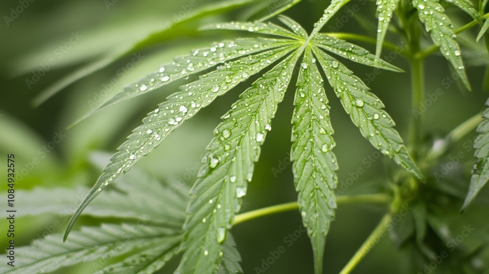 Dewy Cannabis Leaf Highlighting Natural Beauty Dewy Cannabis Leaf Highlighting Natural Beauty