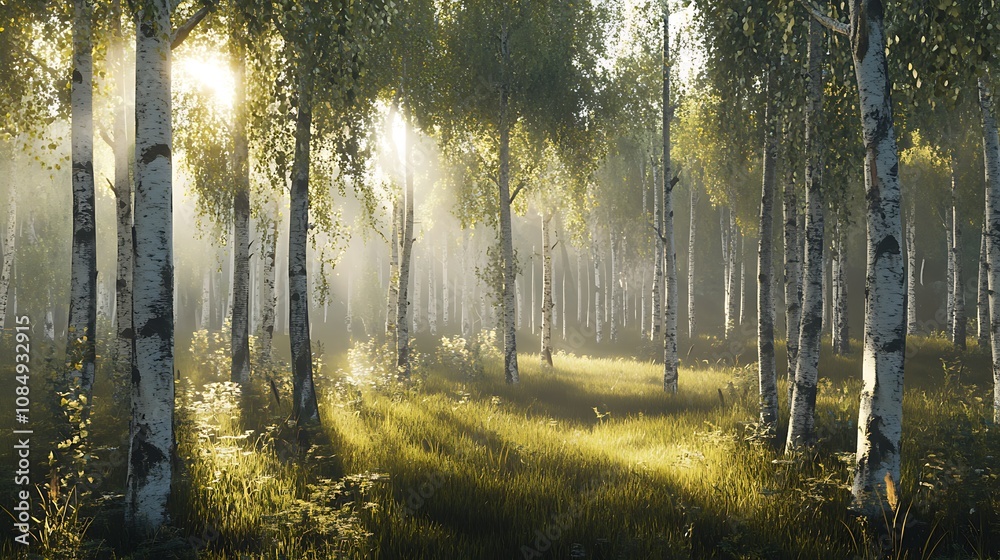 Fototapeta premium Morning in the birch grove with sun rays and fog