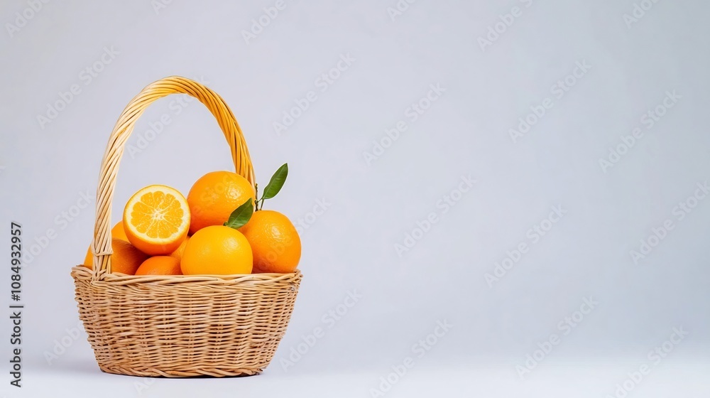 Wicker Basket Filled with Vibrant Oranges and Grapefruits on Clean White Background Wicker Basket Filled with Vibrant Oranges and Grapefruits on Clean White Background