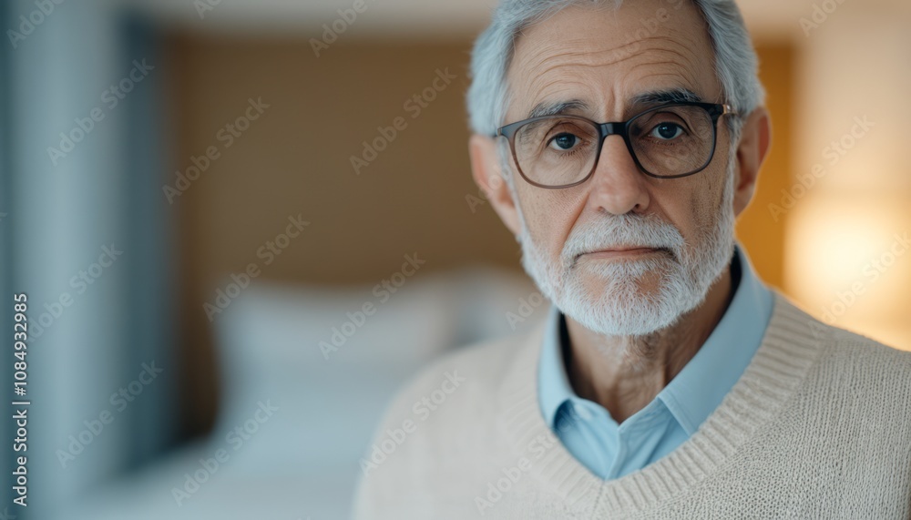 Senior man with glasses wearing a sweater stands in a well-lit modern room Senior man with glasses wearing a sweater stands in a well-lit modern room