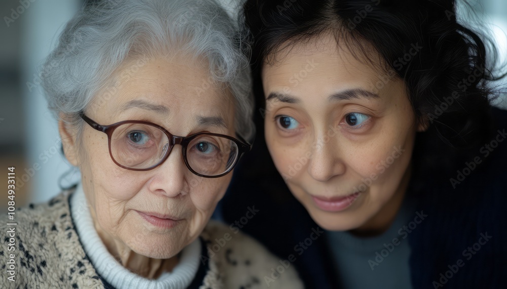 A young woman sharing a comforting moment with her elderly mother in a cozy living room A young woman sharing a comforting moment with her elderly mother in a cozy living room