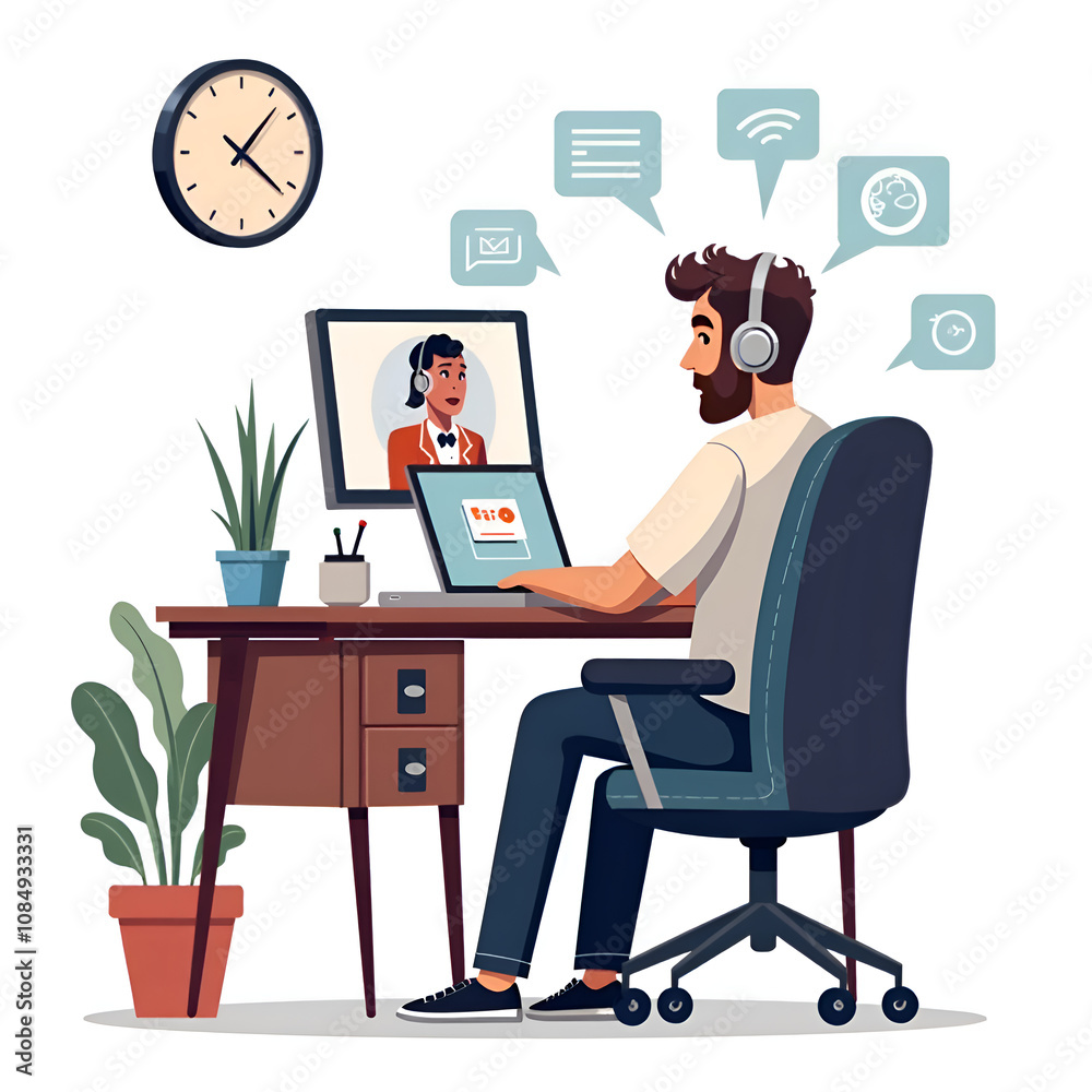 Engaging in virtual meetings a professional s workspace with technology enhancements, 2d digital art of remote work concept. Engaging in virtual meetings a professional s workspace with technology enhancements, 2d digital art of remote work concept.