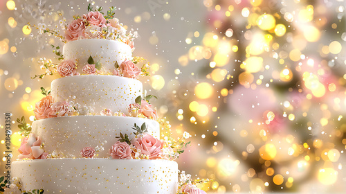 stunning multi tier wedding cake adorned with delicate pink roses and gold accents, set against dreamy bokeh background. Perfect for celebrations and special occasions photo