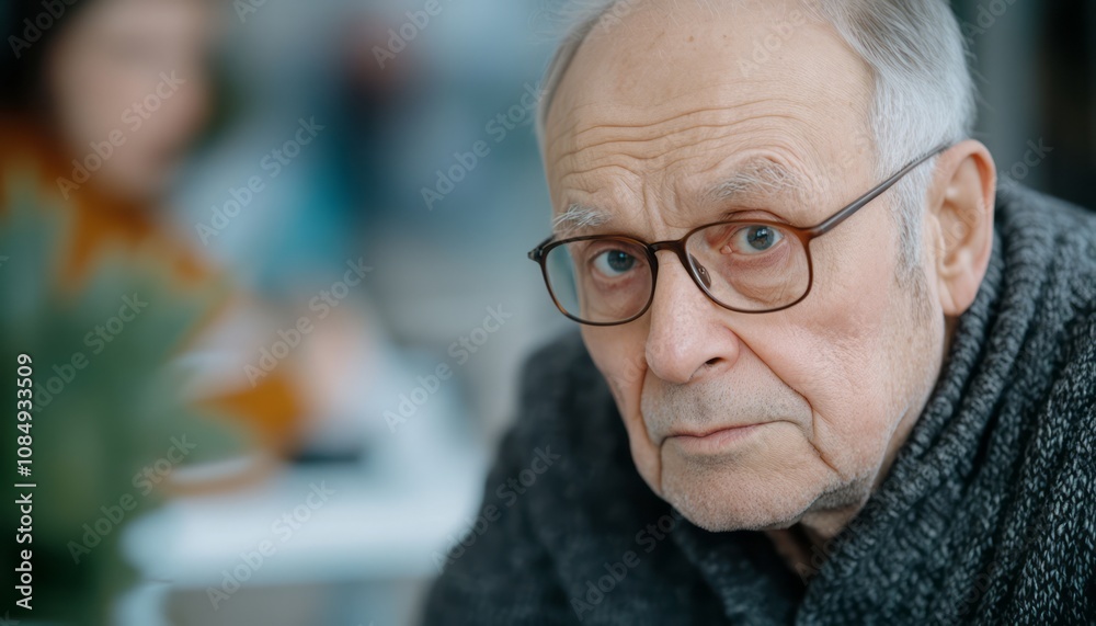 Elderly man with glasses looks pensively at the camera in a cozy cafe on a winter afternoon Elderly man with glasses looks pensively at the camera in a cozy cafe on a winter afternoon