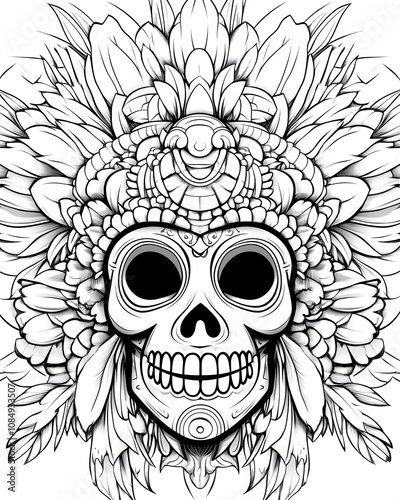 A skull with a flower headdress on it. The skull is drawn in black and white. The flower headdress is drawn in a very detailed manner