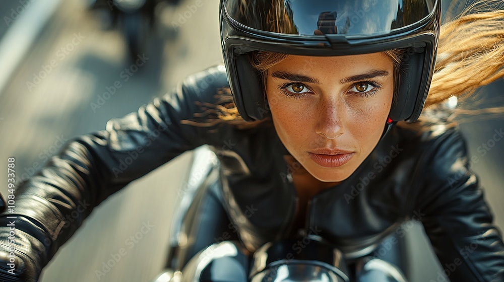 a woman wearing a leather suit and black biker helmet, riding a huge motorbike, on a bike circuit in the south france, from a 10 meters high point of view, with a slow shutter speed a woman wearing a leather suit and black biker helmet, riding a huge motorbike, on a bike circuit in the south france, from a 10 meters high point of view, with a slow shutter speed