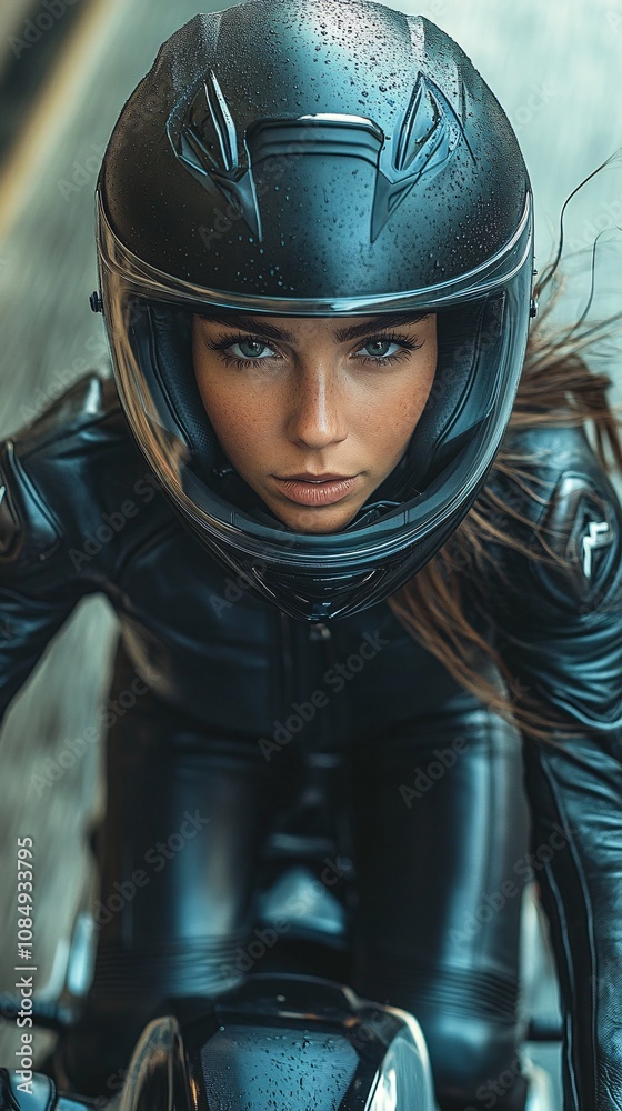 a woman wearing a leather suit and black biker helmet, riding a huge motorbike, on a bike circuit in the south france, from a 10 meters high point of view, with a slow shutter speed a woman wearing a leather suit and black biker helmet, riding a huge motorbike, on a bike circuit in the south france, from a 10 meters high point of view, with a slow shutter speed