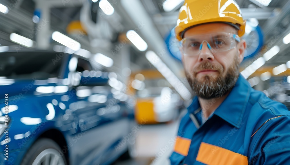 Skilled worker in safety gear inspecting blue car in auto workshop during daytime Skilled worker in safety gear inspecting blue car in auto workshop during daytime