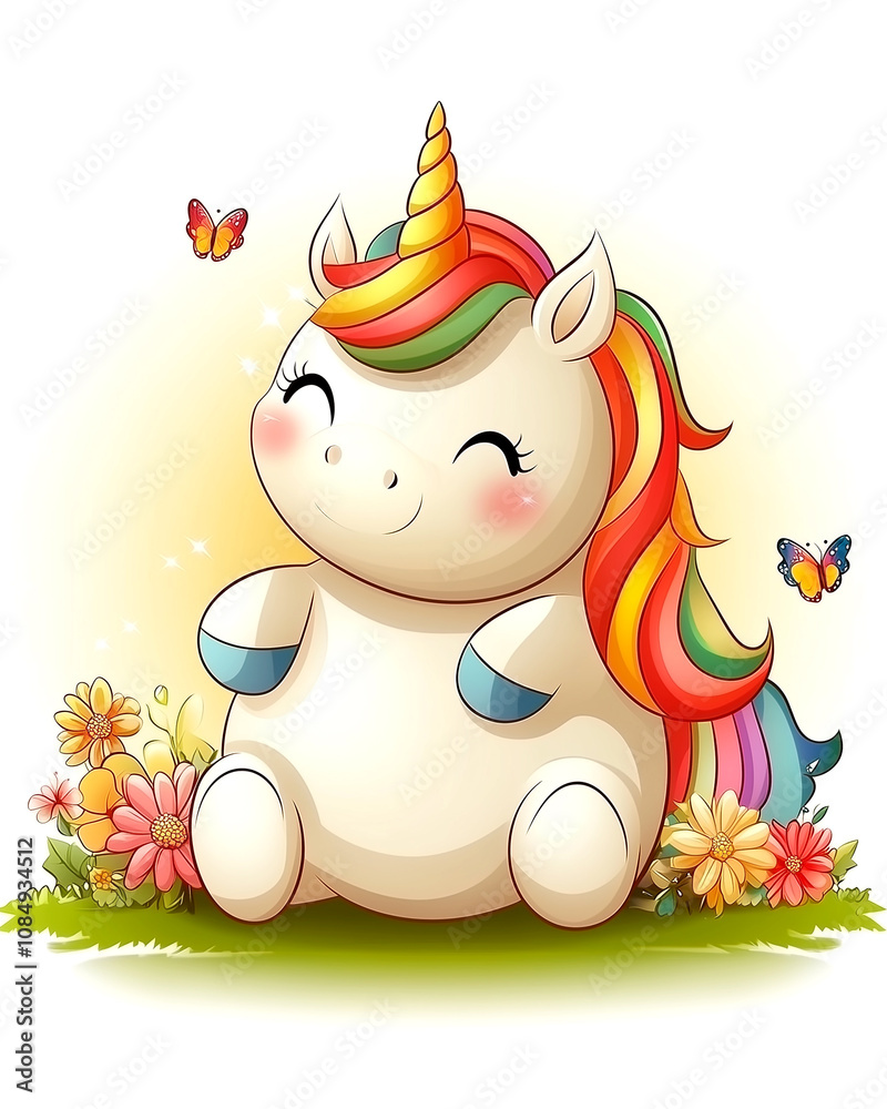 A cute unicorn is sitting in a field of flowers with butterflies flying around it. The scene is peaceful and serene, with the unicorn looking happy and content A cute unicorn is sitting in a field of flowers with butterflies flying around it. The scene is peaceful and serene, with the unicorn looking happy and content