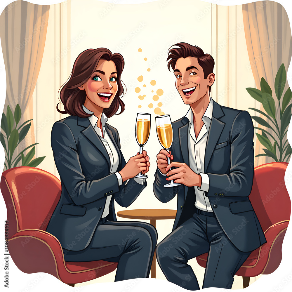 Cheers to success  a joyful celebration in a stylish setting with champagne toasts, digital illustration of celebration concept.