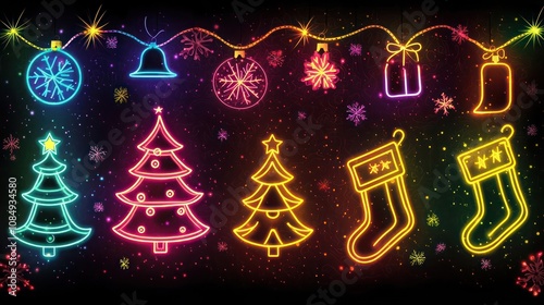 Classic neon Christmas banner with bright neon Christmas symbols--trees, bells, and stockings--illuminating against a dark, rich background.