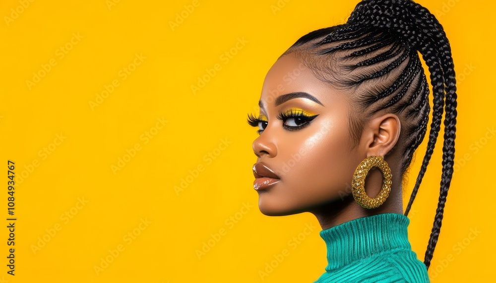 Woman with braided hair and bright makeup poses against a yellow backdrop at a beauty studio Woman with braided hair and bright makeup poses against a yellow backdrop at a beauty studio
