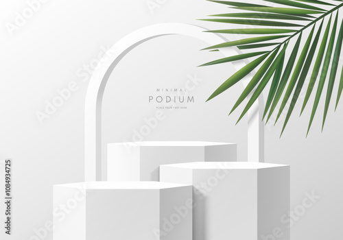 Realistic white 3D hexagon podium set with palm leaf and arch frame backdrop scene. Minimalist mockup pedestal, Abstract cosmetic product display presentation, Stage showcase. Platforms vector design.