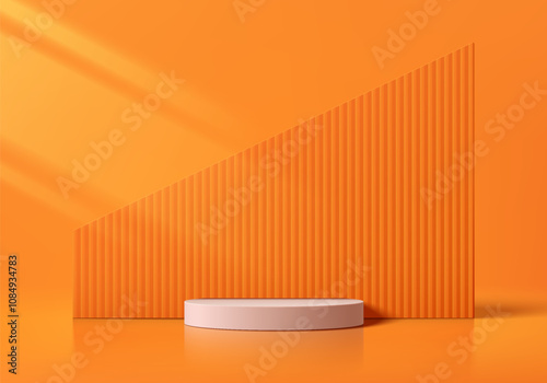 Realistic 3D orange cylindrical podium background with vertical pattern backdrop scene. Minimalist mockup pedestal or Abstract product display presentation, Stage showcase. Platforms vector design.