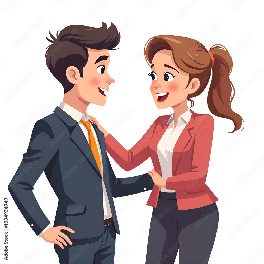 Two professionals engaging in a positive conversation in a modern workplace setting, digital illustration of character interaction concept. Two professionals engaging in a positive conversation in a modern workplace setting, digital illustration of character interaction concept.