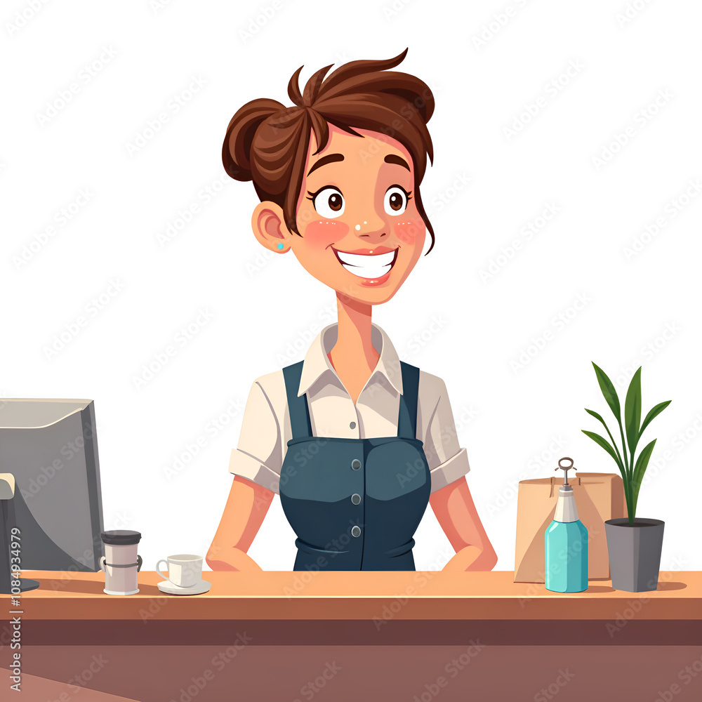 Friendly receptionist welcoming guests at a modern office front desk, digital illustration of character design concept. Friendly receptionist welcoming guests at a modern office front desk, digital illustration of character design concept.