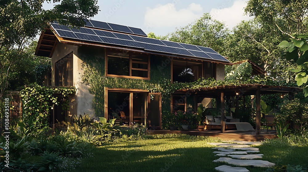Wooden house with solar panels installed on the roof in the garden Wooden house with solar panels installed on the roof in the garden