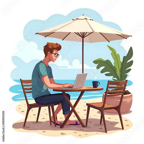 Wallpaper Mural Relaxed digital nomad working on laptop under an umbrella by the beach, digital illustration of lifestyle concept. Torontodigital.ca