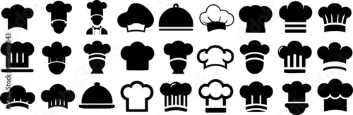 Chef hat silhouette icons set, professional cooking symbols, kitchen uniform vector designs, culinary logo concepts, food industry illustrations, chef hats for branding, menus, advertisements