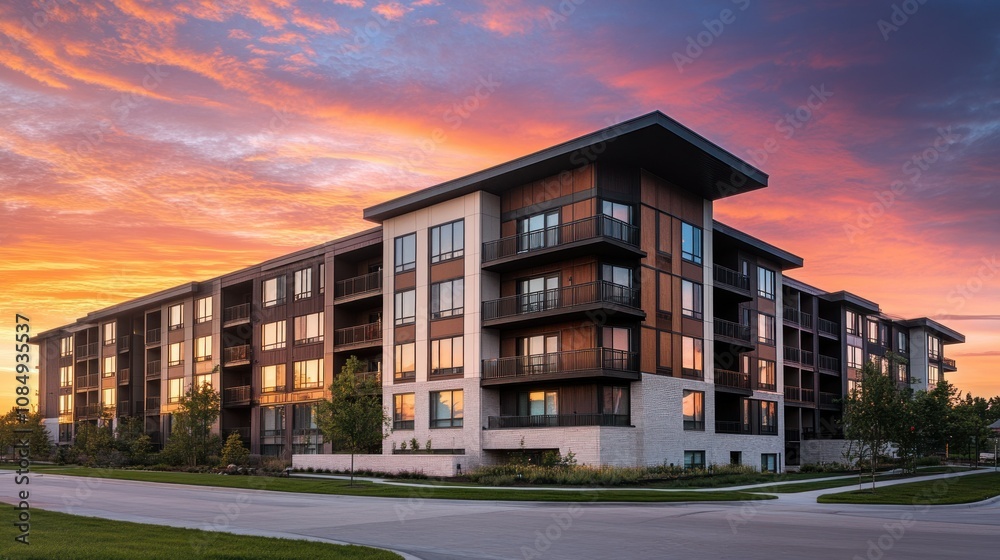 Modern Apartment Building at Sunset with Pink Sky Modern Apartment Building at Sunset with Pink Sky