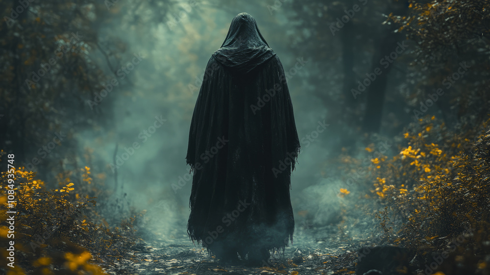 Person wearing a cloak hoodie in the deep forest at night, horror movie scene featuring a man in black clothes in the dark jungle at night