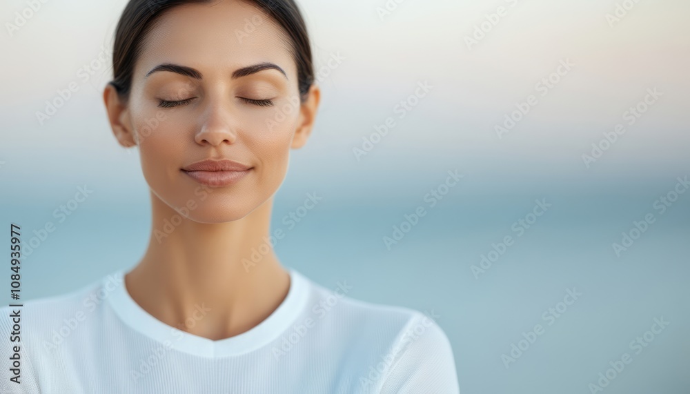 Calm woman meditating by the ocean at sunset enjoying tranquility and peace Calm woman meditating by the ocean at sunset enjoying tranquility and peace