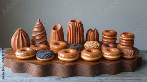 Creating a whimsical multitier donut display at a charming bakery an assortment of sweet delights in a cozy environment photo