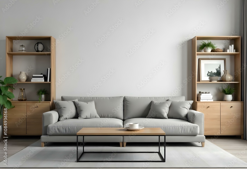 A modern living room with a large gray sofa, wooden shelves on the walls, and a wooden coffee table in the center A modern living room with a large gray sofa, wooden shelves on the walls, and a wooden coffee table in the center